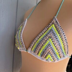 Beads & sequins Victorias Secret triangle teeny Bikini Top neon / blue / cream M